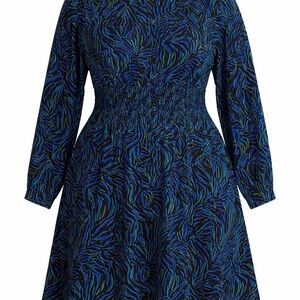 Michael Kors Blue and Green Long Sleeve Smocked-Waist Dress